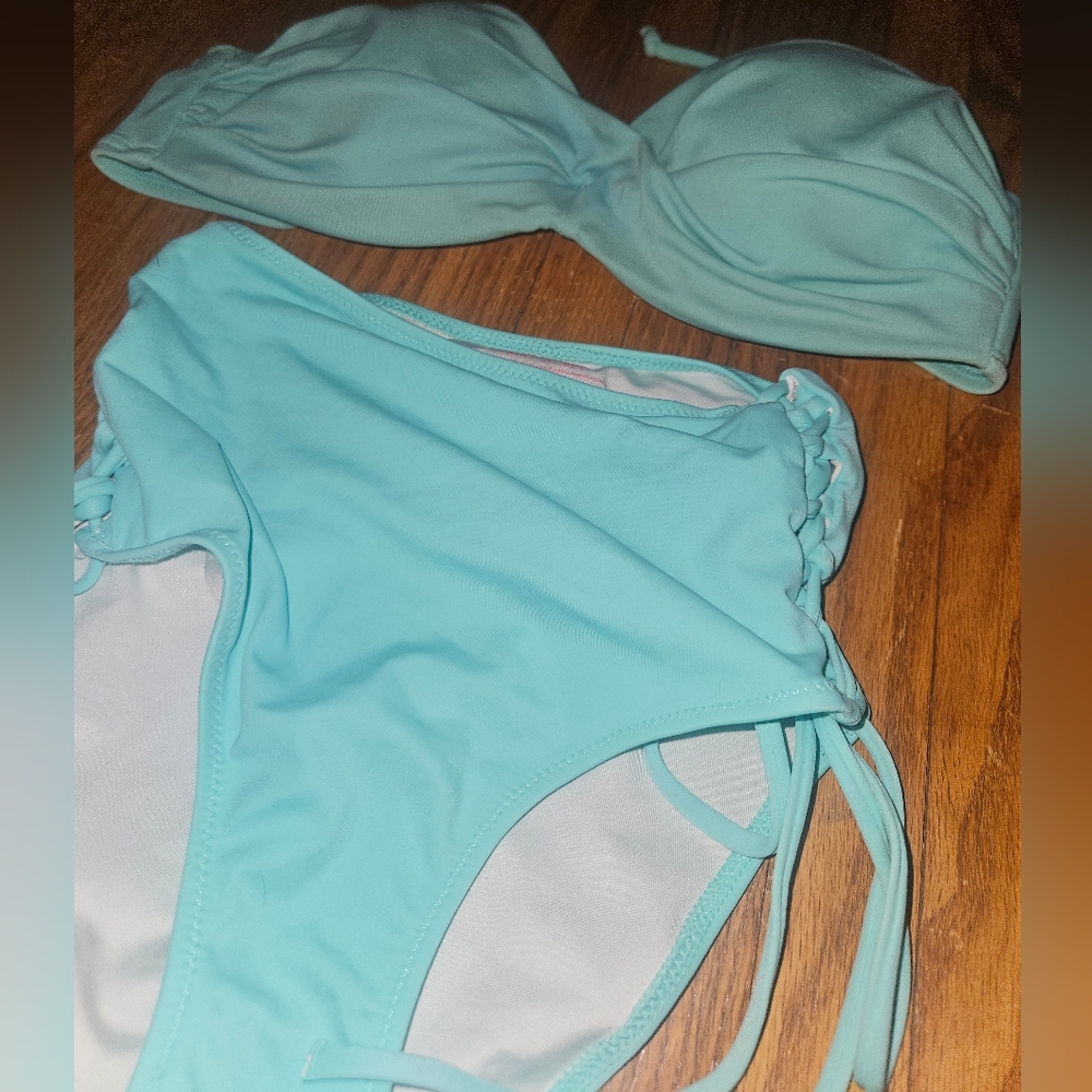 Victoria's Secret Aqua Bikini Set XS Stappy Bottoms & Removable Strapless Top - Picture 11 of 16